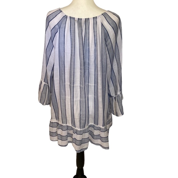 Zac & Rachel blue and white vertical striped peplum tunic with bell sleeves - Picture 2 of 5